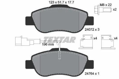 Комплект гальмівних колодок передн, ABARTH 500 / 595 / 695 FIAT 500, 500 C, GRANDE PUNTO, PANDA, PUNTO EVO FORD KA PEUGEOT BIPPER TEPEE 1.2-1.4D 09.03- TEXTAR 2407202