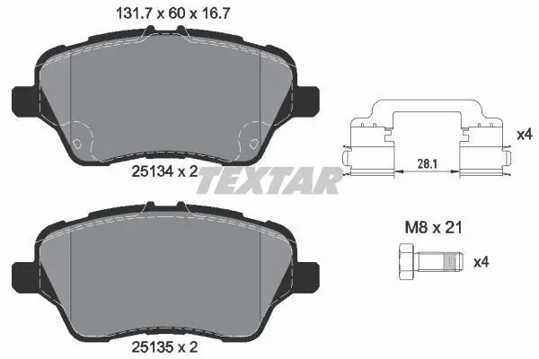 Комплект гальмівних колодок передн, FORD B-MAX, FIESTA, FIESTA VI, TOURNEO COURIER B460, TRANSIT COURIER B460 1.0-1.6D 06.08-12.23 TEXTAR 2513402 (фото 1)
