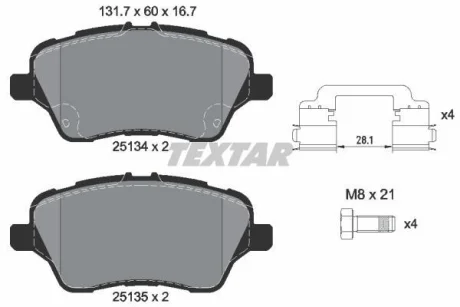 Комплект гальмівних колодок передн, FORD B-MAX, FIESTA, FIESTA VI, TOURNEO COURIER B460, TRANSIT COURIER B460 1.0-1.6D 06.08-12.23 TEXTAR 2513402