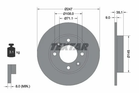 Диск гальмівний задн лів/прав CITROEN BERLINGO, C2, C2 ENTERPRISE, C3 I, C3 PLURIEL, C4, C4 I, XSARA PICASSO PEUGEOT 1007, 307, PARTNER, PARTNER ORIGIN 1.1-2.0D 06.96- TEXTAR 92111703