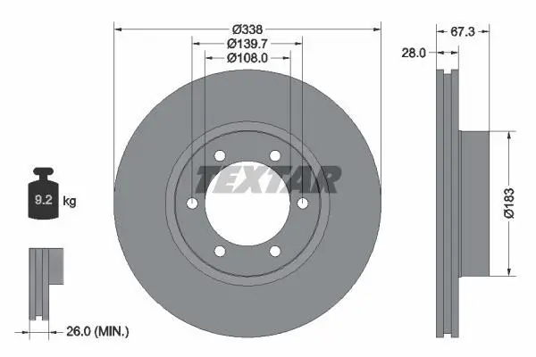 Диск гальмівний передн лів/прав (без маточини) LEXUS GX TOYOTA FORTUNER, HILUX VI, HILUX VII, LAND CRUISER 90, LAND CRUISER PRADO 2.4-4.6 08.97- TEXTAR 92137300 (фото 1)