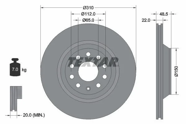 Диск гальмівний (задній) VW Passat 05-/Golf/Seat Leon 12- (310x22) PRO UA63 TEXTAR 92140703 (фото 1)