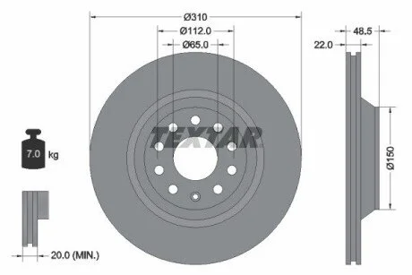 Диск гальмівний (задній) VW Passat 05-/Golf/Seat Leon 12- (310x22) PRO UA63 TEXTAR 92140703