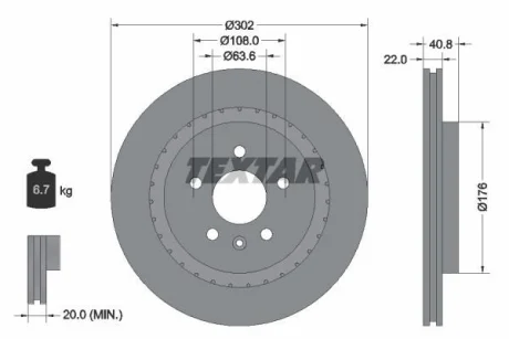 Диск гальмівний задн лів/прав VOLVO S60 II, S80 II, V60 I, V70 III, XC70 II 1.5-4.4 03.06-12.18 TEXTAR 92168305