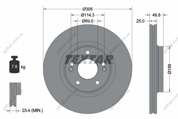 Диск гальмівний (передній) Hyundai Tucson/ I30/ Kia Ceed/Sportage 15- (305x25) PRO+ UA63 TEXTAR 92292205 (фото 1)