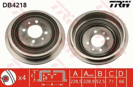 Гальмівний барабан задн RENAULT 21, KANGOO, KANGOO EXPRESS, LAGUNA I, MEGANE I, MEGANE SCÉNIC, RAPID, SCENIC I 1.2-Electric 06.86- TRW DB4218