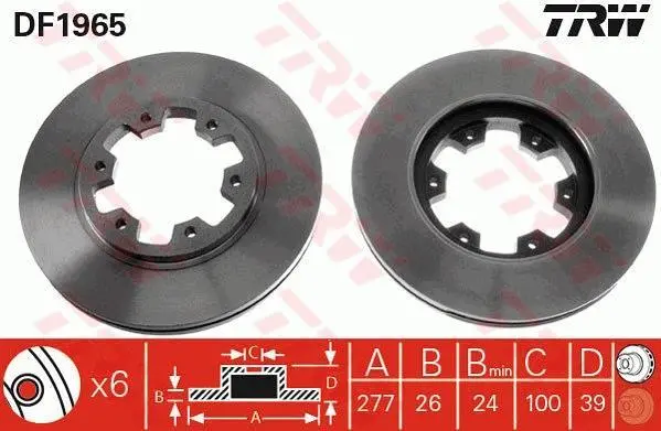 Диск гальмівний передн лів/прав FORD MAVERICK NISSAN NAVARA, PATHFINDER I, PATHFINDER II, PICK UP, TERRANO I, TERRANO II 2.4-3.3 01.86- TRW DF1965 (фото 1)
