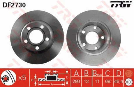 Диск гальмівний передн лів/прав AUDI A4 B5 1.6/1.8/1.9D 11.94-09.01 TRW DF2730