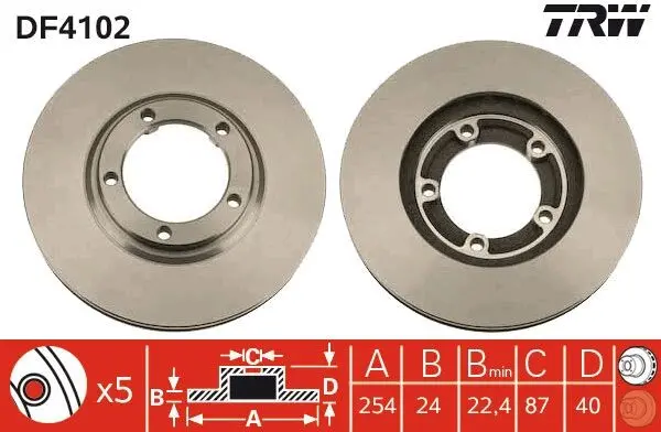 Диск гальмівний передн лів/прав HYUNDAI H-1, H-1 / STAREX, H100 MITSUBISHI DELICA / SPACE GEAR, L 300 III, L400 2.0-2.6D 07.93-12.07 TRW DF4102 (фото 1)