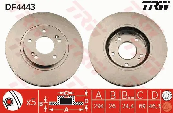 Диск гальмівний передн лів/прав DODGE CALIBER HYUNDAI SANTA FÉ I, TUCSON KIA SPORTAGE II MITSUBISHI OUTLANDER II 1.8-2.7 08.00-11.12 TRW DF4443 (фото 1)