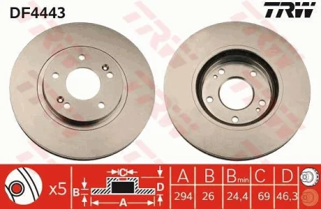 Диск гальмівний передн лів/прав DODGE CALIBER HYUNDAI SANTA FÉ I, TUCSON KIA SPORTAGE II MITSUBISHI OUTLANDER II 1.8-2.7 08.00-11.12 TRW DF4443