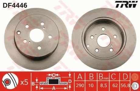 Диск гальмівний задн лів/прав TOYOTA COROLLA VERSO 1.6-2.2D 04.04-03.09 TRW DF4446