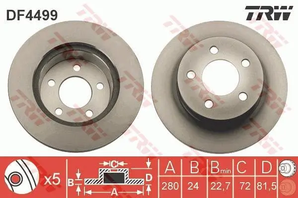 Диск гальмівний передн лів/прав FIAT DUCATO JEEP CHEROKEE, COMANCHE, GRAND CHEROKEE I, WRANGLER I, WRANGLER II 2.1D-5.9 10.84-04.07 TRW DF4499 (фото 1)