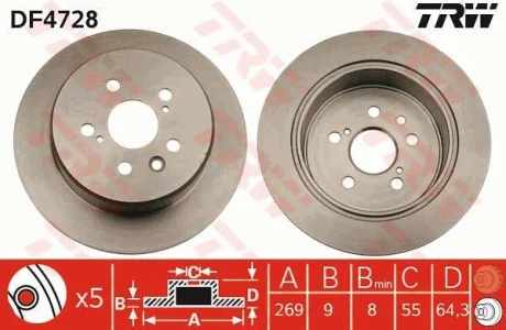 Диск гальмівний задн лів/прав TOYOTA CALDINA, CARINA E VI, CELICA, CORONA 1.8/2.0 10.91-11.99 TRW DF4728