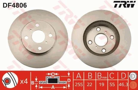 Диск гальмівний передн лів/прав TOYOTA PRIUS C, YARIS, YARIS / VIOS 1.0-1.5H 01.05- TRW DF4806