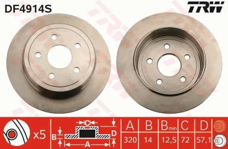 Диск гальмівний задн лів/прав JEEP COMMANDER, GRAND CHEROKEE II, GRAND CHEROKEE III, GRAND CHEROKEE IV 2.7D-5.7 04.99- TRW DF4914S
