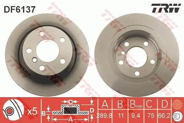 Диск гальмівний задн лів/прав BMW 1 (F20), 1 (F21), 2 (F22, F87), 2 (F23) 1.5-2.0D 07.11-06.21 TRW DF6137 (фото 1)