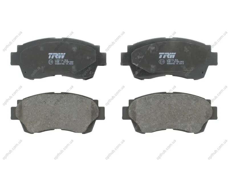 Комплект гальмівних колодок передн, LEXUS ES, LS TOYOTA ALTEZZA, ALTEZZA GITA, AVALON, BREVIS, CAMRY, CELICA, CHASER, COROLLA, CRESTA V, CROWN, MARK II, MARK II IX 1.4-4.0 12.89-12.07 TRW GDB3155 (фото 1)