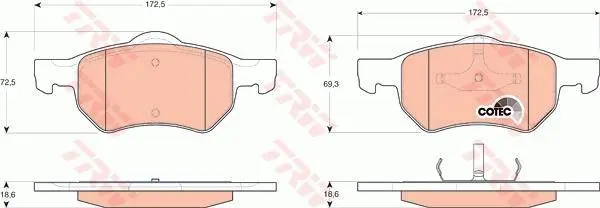 Комплект гальмівних колодок передн, CHRYSLER GRAND VOYAGER III, RAM VAN, VOYAGER III, VOYAGER IV DODGE CARAVAN 2.0-3.8 01.95-07.09 TRW GDB4128 (фото 1)