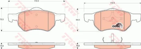 Комплект гальмівних колодок передн, CHRYSLER GRAND VOYAGER III, RAM VAN, VOYAGER III, VOYAGER IV DODGE CARAVAN 2.0-3.8 01.95-07.09 TRW GDB4128