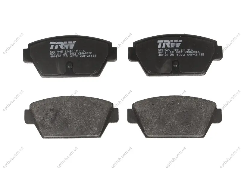 Комплект гальмівних колодок задн, MITSUBISHI COLT II, COLT III, ECLIPSE I, GALANT V, GALANT VI, GALANT VII, LANCER IV 1.5-2.4 06.84-08.96 TRW GDB945 (фото 1)