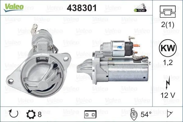 Стартер (12В, 1,2кВт, новий із заставою) FORD B-MAX, ECOSPORT, FIESTA VI, FOCUS III, TOURNEO COURIER B460, TRANSIT CONNECT V408, TRANSIT COURIER B460 1.0 02.12- Valeo 438301 (фото 1)