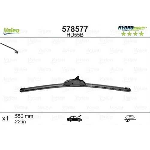 Щітка склоочисника безкаркасна передн із спойлером (1шт) HU55B HydroConnect 550мм MERCEDES A (W168), VANEO (414) HONDA CIVIC VIII MAZDA MPV II OPEL MERIVA A, SINTRA, ZAFIRA A 11.96-12.13 Valeo 578577 (фото 1)