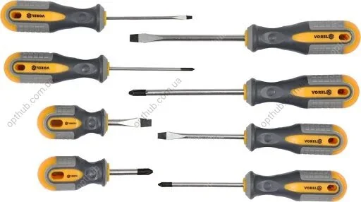 Набор отверток, 8 ПР., ШЛИЦОВЫЕ SL6.5 X 38, SL3 X 75, SL5.5 X 75, SL6.5 X 100 ММ, КРЕСТНЫЕ PH2 X 38, PH0 Vorel 60782 (фото 1)