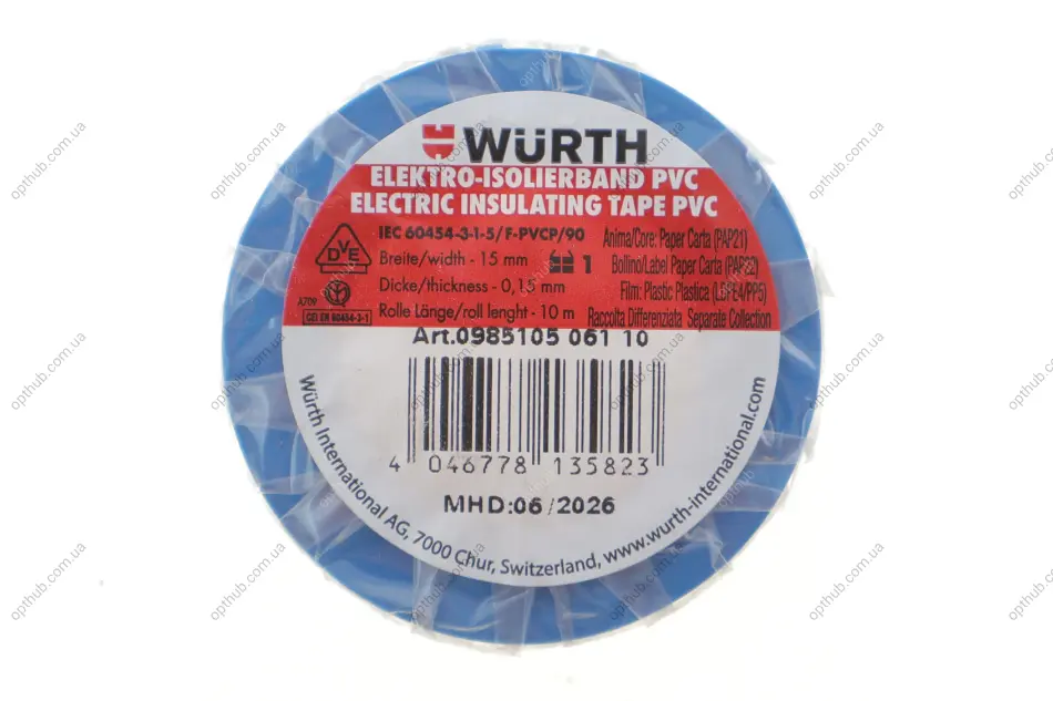 Електроізоляційна стрічка синя 10м/15мм {арт. } WURTH 0985105 (фото 1)