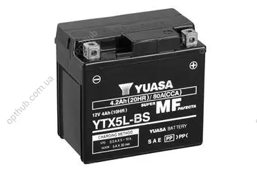 МОТО Yuasa 12V 4Ah MF VRLA Battery AGM (сухозаряжений) YUASA YTX5L-BS (фото 1)