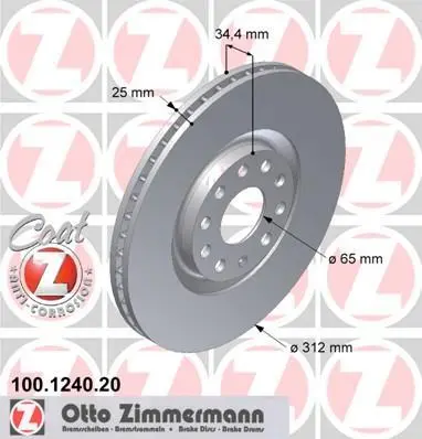 Диск гальмівний ПЕРЕДН SEAT IBIZA 02/02- LEON 11/99-06/06 TOLEDO 04/99-05/06,SKODA OCTAVIA 09/96-, -ua ZIMMERMANN 100.1240.20 (фото 1)