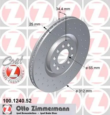 Диск гальмівний ПЕРЕДН SPORT Z SEAT IBIZA 02/02- LEON 11/99-06/06 TOLEDO 04/99-05/06,SKODA OCTAVIA -ua ZIMMERMANN 100.1240.52 (фото 1)