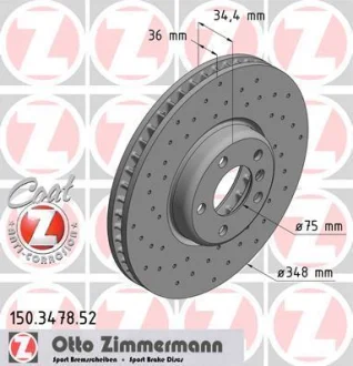Диск гальмівний (передній) BMW 5 (F10)/ 7 (F01/F0/F03/F04) 09- (L) (348x36) (з отвірм) (вент. UA63 ZIMMERMANN 150.3478.52