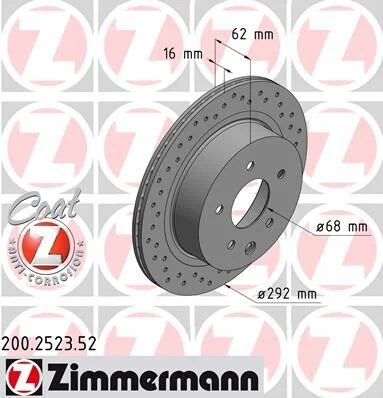 Диск гальмівний ЗАДН SPORT Z NISSAN QASHQAI 1.6-2.0DCI 07-,X-TRAIL 2.0-2.5 01-;RENAULT KOLEOS 2.0D -ua ZIMMERMANN 200.2523.52 (фото 1)