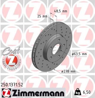 Диск гальмівний ПЕРЕДН SPORT Z FORD C-MAX II 1.6 2010-, FOCUS III 2011- -ua ZIMMERMANN 250.1371.52