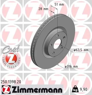 Диск гальмівний ПЕРЕДН ВЕНТИЛ FORD GALAXY 1.5 ECOBOOST 2.0 01.2015-06.2018,S-MAX 1.5 ECOBOOST - 2. -ua ZIMMERMANN 250.1398.20