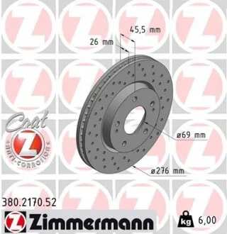 Диск гальмівний ПЕРЕДН SPORT Z MITSUBISHI AIRTREK 03/02-09/06 LANCER ESTATE 09/03- LANCER 08/03- S ZIMMERMANN 380.2170.52