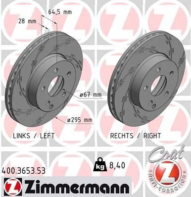 Диск тормозной ПЕРЕДН С КАНАВКАМИ ЧЕРНЫЙ MB C-CLASS 200-250 07- D=295MM ZIMMERMANN 400.3653.53 (фото 1)