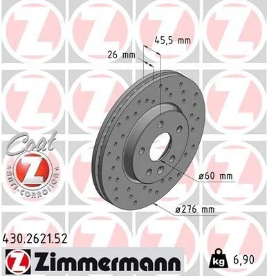 Диск гальмівний ПЕРЕДН SPORT Z CHEVROLET CRUZE (J300) 1.6-2.0DCI 09-, OPEL ASTRA J 1.4-2.0 09- 15" -ua ZIMMERMANN 430.2621.52 (фото 1)
