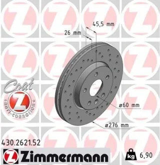 Диск гальмівний ПЕРЕДН SPORT Z CHEVROLET CRUZE (J300) 1.6-2.0DCI 09-, OPEL ASTRA J 1.4-2.0 09- 15" -ua ZIMMERMANN 430.2621.52