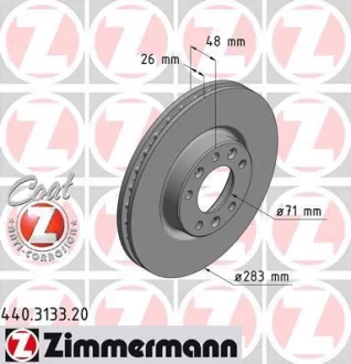 Диск гальмівний ПЕРЕДН PEUGEOT 308 II 1.2 1.6 2013-D=283MM ZIMMERMANN 440.3133.20
