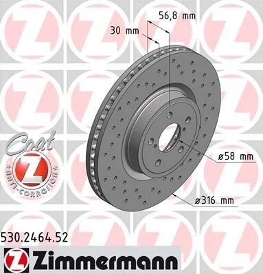 Диск гальмівний ПЕРЕДН SPORT Z SUBARU LEGACY IV 2.0-3.0 03-,OUTBACK 3.6R 09- -ua ZIMMERMANN 530.2464.52 (фото 1)