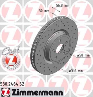 Диск гальмівний ПЕРЕДН SPORT Z SUBARU LEGACY IV 2.0-3.0 03-,OUTBACK 3.6R 09- -ua ZIMMERMANN 530.2464.52