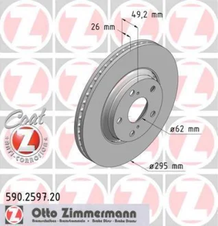 Диск гальмівний ПЕРЕДН TOYOTA AURIS 2.0 D-4D 2.2D 07-,AVENSIS 1.6-2.2D 09-,VERSO 1.6-2.2D-4D 09- ZIMMERMANN 590.2597.20