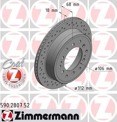 Диск гальмівний ЗАДН SPORT Z TOYOTA LAND C 90/95 2.7-3.4 96-02, 120 2.7-4.0 03-,LAND C PRADO 2.7-4 -ua ZIMMERMANN 590.2807.52 (фото 1)
