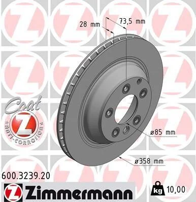 Диск тормозной (задний) Audi Q7 06-15/Porsche Cayenne/VW Touareg 03-10 (358x28)(с покрытий) (opt-om) ZIMMERMANN 600.3239.20 (фото 1)